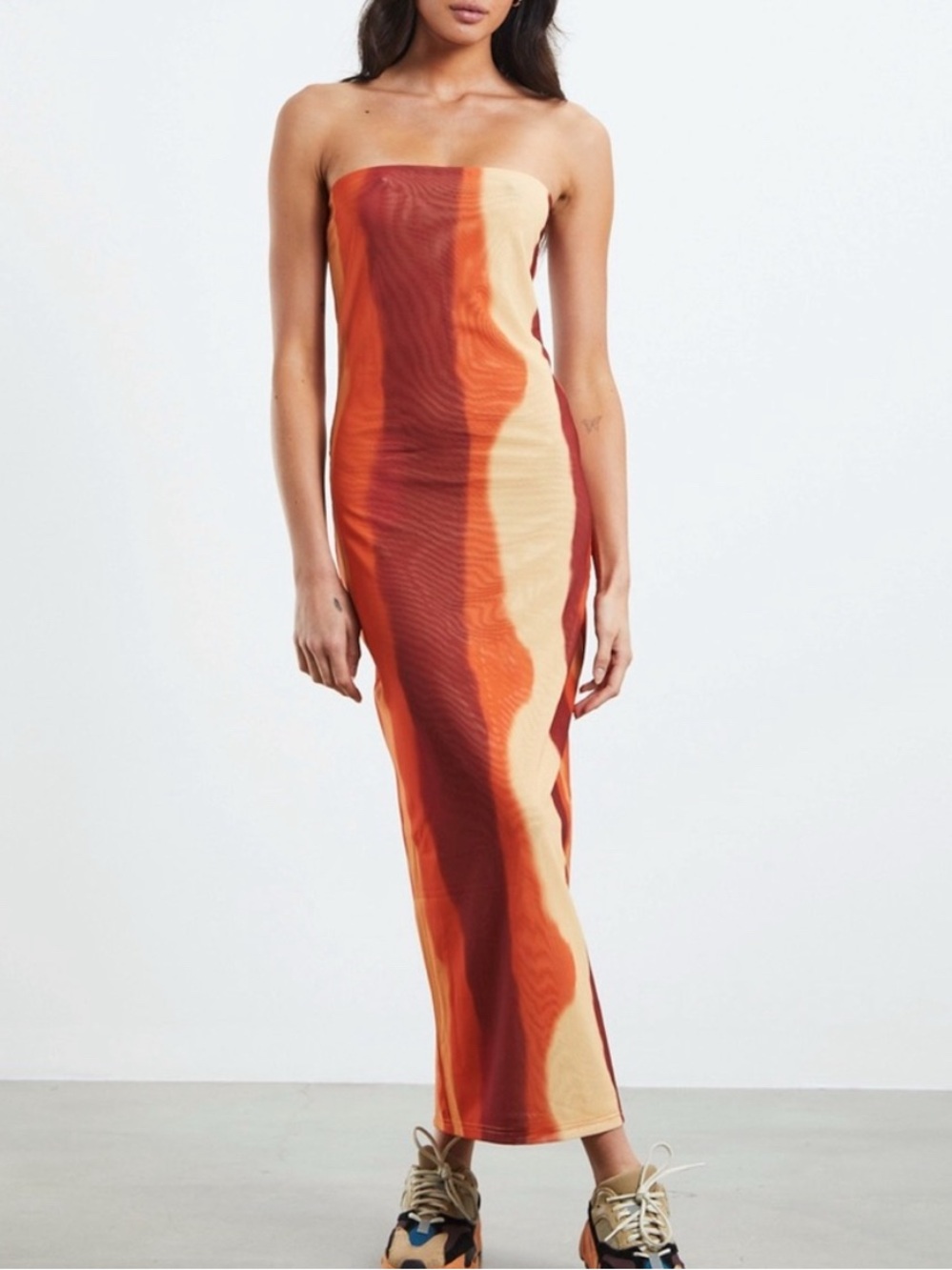 SNDYS Sasha Dress in Orange Multi Midi Mesh Strapless Size XS
